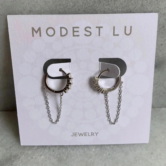 Modest Lu Jewelry - Crystal Huggie Hoop Chain Silver Earrings